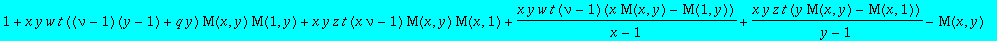 eqM := 1+x*y*w*t*((nu-1)*(y-1)+q*y)*M(x,y)*M(1,y)+x*y*z*t*(x*nu-1)*M(x,y)*M(x,1)+x*y*w*t*(nu-1)*(x*M(x,y)-M(1,y))/(x-1)+x*y*z*t*(y*M(x,y)-M(x,1))/(y-1)-M(x,y)