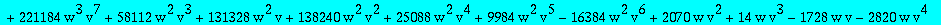 algQ1t := -2097152*w^3*(1+v)^10*Q1t^5+64*w^2*(1+v)^6*(-768*v^4+81920*w*v^4+208896*w*v^3+3072*v^3-6752*v^2+135168*w*v^2+7360*v-28672*w*v-36864*w-117)*Q1t^4-16*w*(1+v)^2*(1749*v^2-3076*v^3+2823*v^4-1770*...