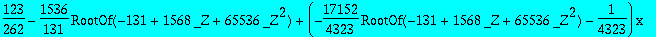 123/262-1536/131*RootOf(-131+1568*_Z+65536*_Z^2)+(-17152/4323*RootOf(-131+1568*_Z+65536*_Z^2)-1/4323)*x+RootOf(2673*_Z^2+2368*RootOf(-131+1568*_Z+65536*_Z^2)-131)*x^(3/2)+O(x^(7/4))