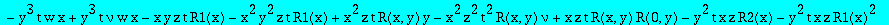 eqR2 := (y*x^2*R(x,y)*nu*z*t-x^2*z^2*t^2*R(x,y)*R(0,y)*nu+x^2*z^2*t^2*y*R1(x)*nu+x*z*t*y*R1(x)*R(x,y)-x*z*t*y*R1(x)*R(0,y)+x^3*y^2*z^2*t^2*R1(x)*nu-x^3*z^2*t^2*R(x,y)*y*nu+2*y^2*t*nu*x^2*z*R1(x)+y^2*t*...
