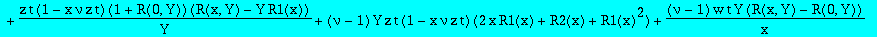 papier := -R(x,Y)+y^2*w*t*(1-x*nu*z*t)*q+(nu-1)*w*t*y^2+x*z*t*(1+nu-x*nu*z*t)*R(x,Y)+x*z*t*Y*(1-x*nu*z*t)*R1(x)+z*t*(1-x*nu*z*t)*R1(x)*R(x,Y)+z*t*(1-x*nu*z*t)*(1+R(0,Y))*(R(x,Y)-Y*R1(x))/Y+(nu-1)*Y*z*t...