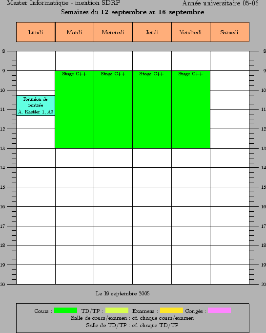 \begin{emploidutemps}{12 septembre}{16 septembre}{Cours~:~\Green{\rule{4em}{2ex}...
...ge C++}{~}{~}
\vendredi(\Green ){9}{4}{Stage C++}{~}{~}
\par
\end{emploidutemps}