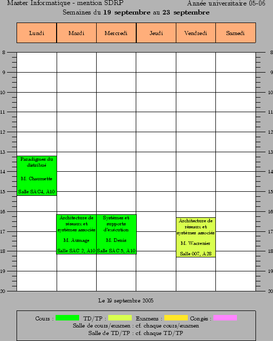 \begin{emploidutemps}{19 septembre}{23 septembre}{Cours~:~\Green{\rule{4em}{2ex}...
... et supports d'ex\'ecution}{M. Denis}{Salle SAC 5, A10}
\par
\end{emploidutemps}