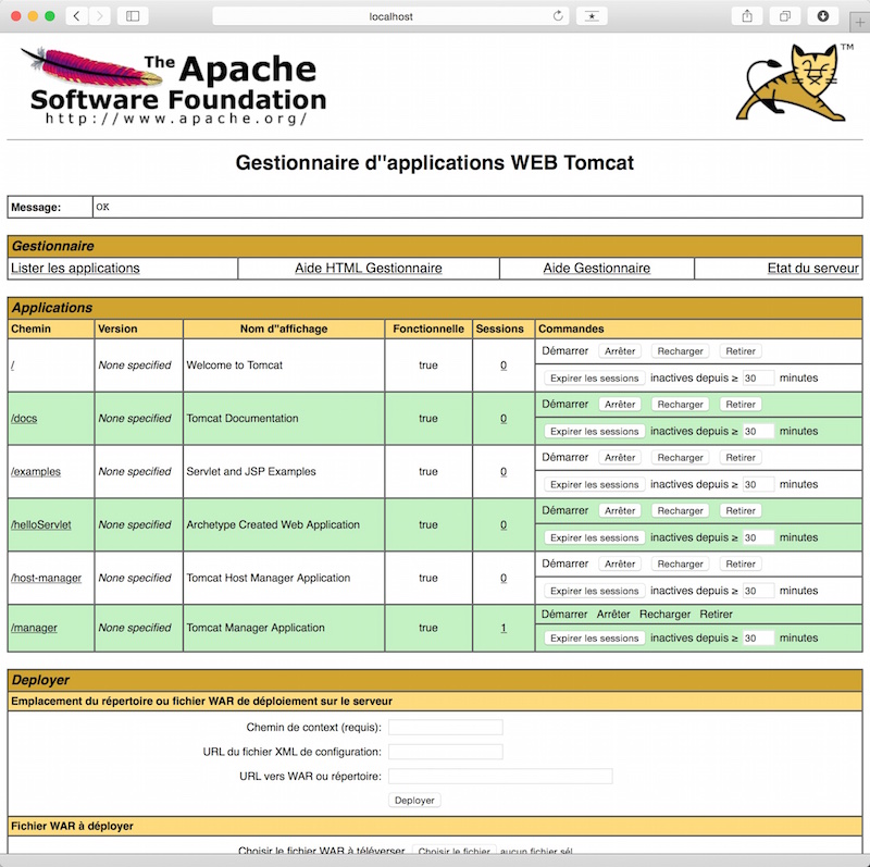 Interface de gestion d'applications Tomcat